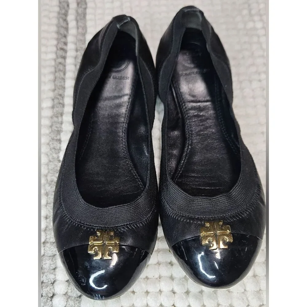 Tory Burch Ballet Flats Size-8 Black Gold Leather Jolie Stretch Shoes.